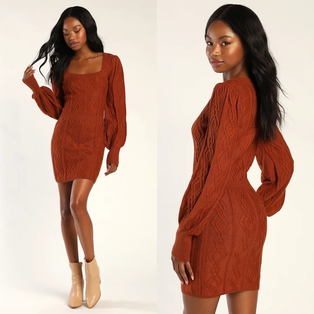LULUS FAVORIT DAYS RUST ORANGE CABLE KNIT LONG SLEEVE MINI SWEATER DRESS